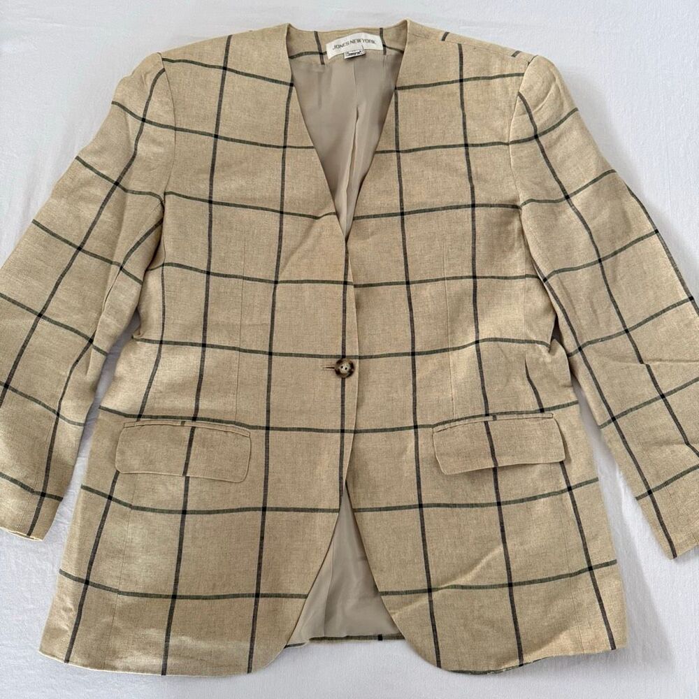 Vintage Jones New York | 80s Power Blazer | Linen Windowpane | Women’s 14